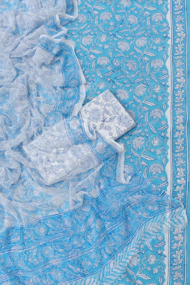 Hand Block Printed Cotton unstitched suit fabric with Chiffon dupatta