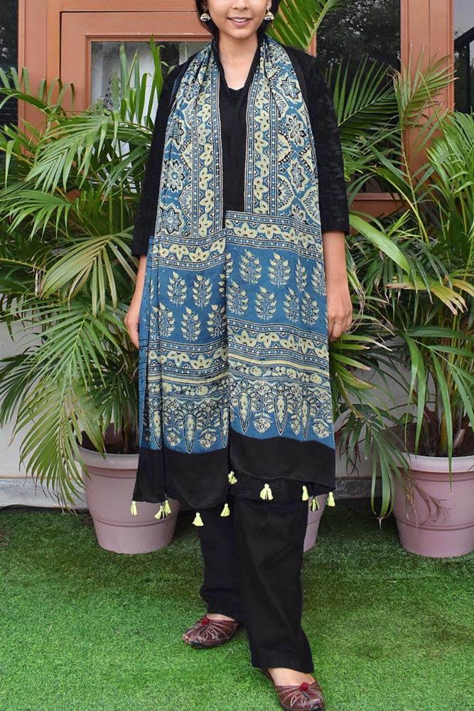 Beautiful Hand Block Printed Ajrakh Modal Silk stole with Tassels