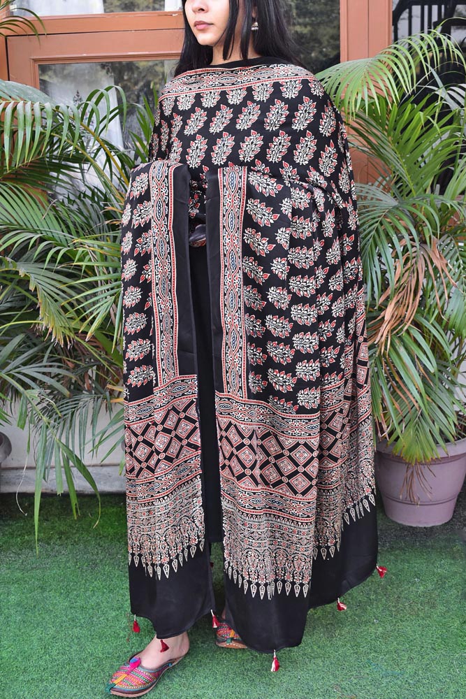 Elegant Modal Silk Ajrakh Block Print Dupatta with tassels