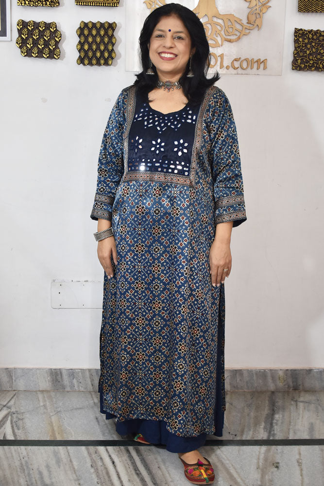 Beautiful Mashru Silk Kurta with Ajrakh block print & Kutch mirror work - Size 38 - 48