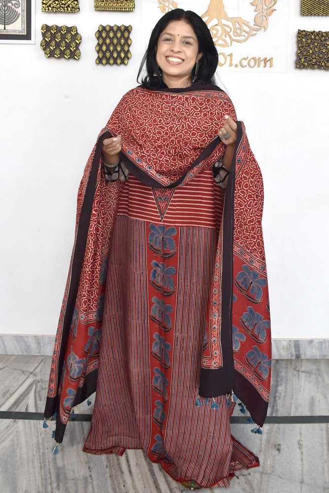 Designer Ajrakh Muslin Unstitched suit with Ajrakh Muslin Dupatta- 2 piece set