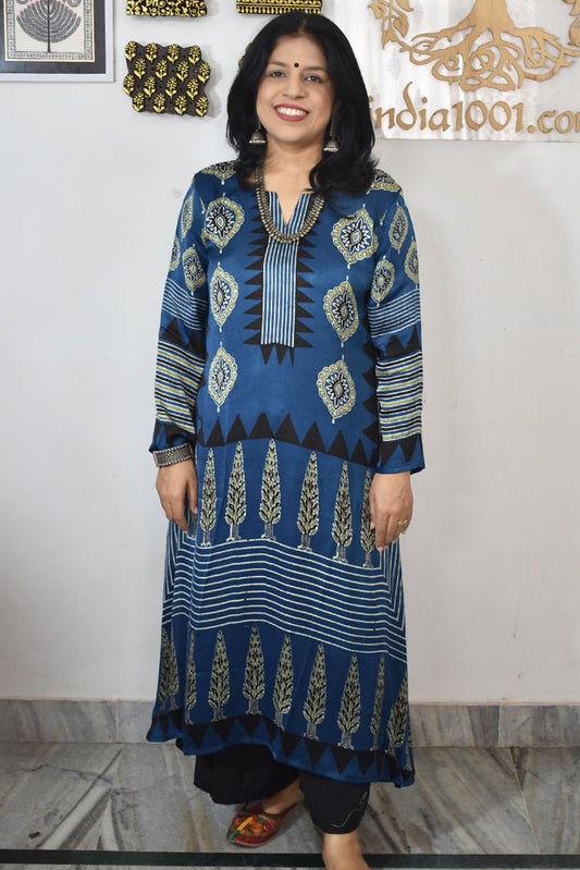 Beautiful Hand Block Printed Ajrakh Modal Silk Kurta, Size 38 to 52