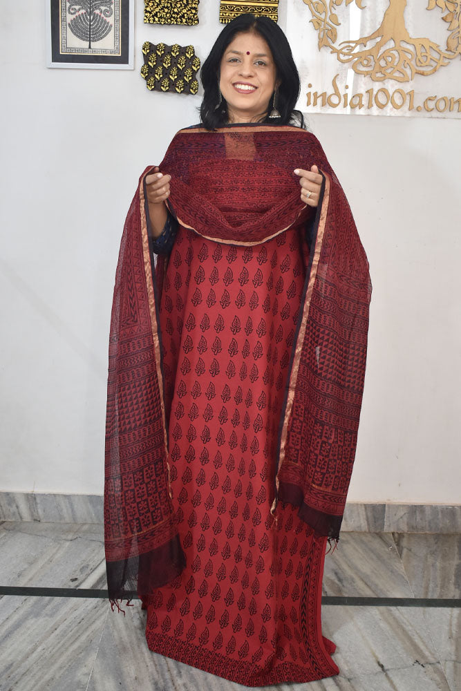 Classic Bagh Block Printed unstitched suit fabric with Kota Doria dupatta