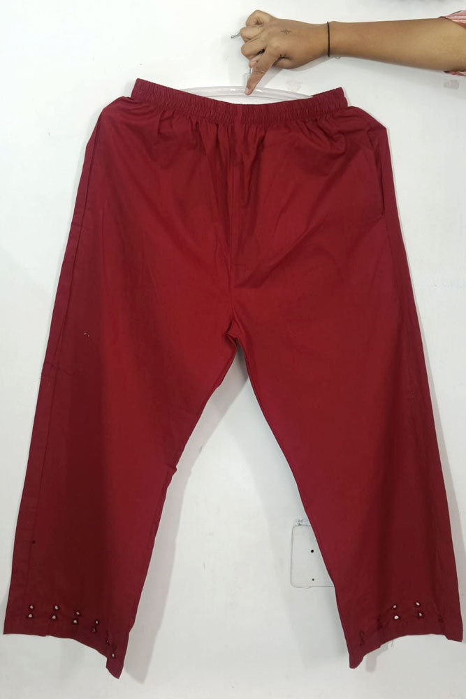 Elegant Cotton Pant With Kutch Mirror Work - Maroon (Size - 38 - 46)