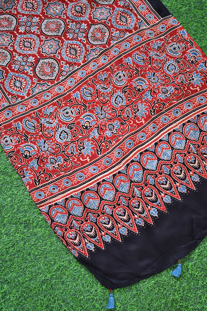 Beautiful Hand Block Printed Ajrakh Modal Silk stole with Tassels
