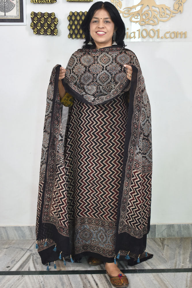 Ajrakh Hand Block Print Georgette Dupatta & Georgette Kurta Fabric