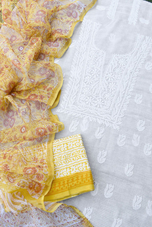 Elegant Lucknowi Chikankari Hand Embroidery work  & Block print Unstitched Suit - 3 pc set