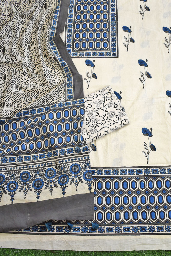 Block Print Ajrakh Cotton Suit with designer Ajrakh neck yoke /panel & Stole