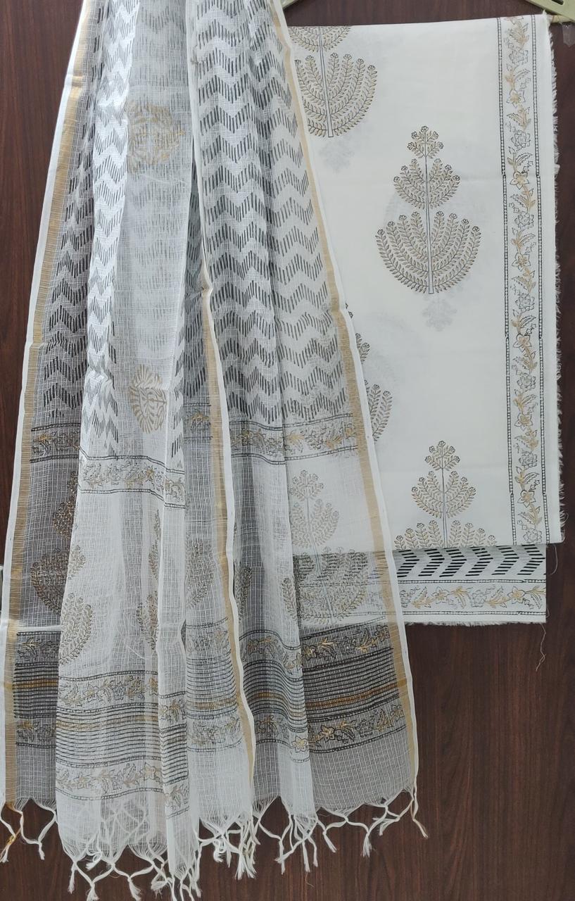 Beautiful Hand Block Printed Cotton unstitched suit fabric with Kota Doria Dupatta