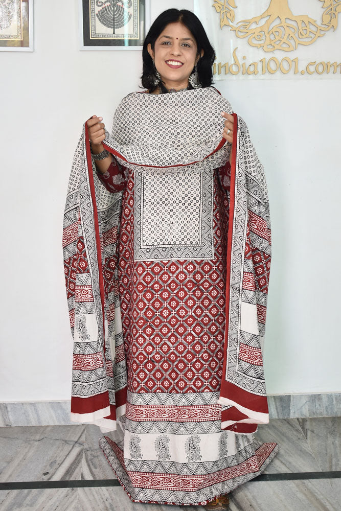 Bagh Hand Block Printed unstitched 3 pc Cotton suit fabric with Placement block print from MP