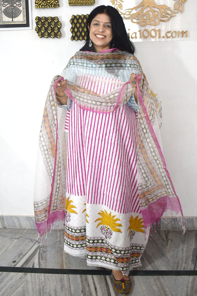 Designer Hand Block Print Cotton suit with Kota dupatta