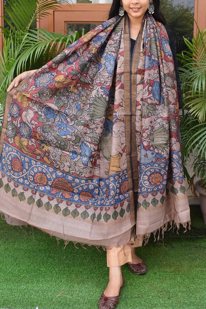 Earthy Hand Painted Kalamkari Desi Tussar Silk Dupatta