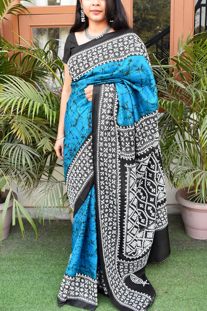 Hand Embroidered Sindhi Stitch work & Wax Batik Bangalore Pure Silk saree