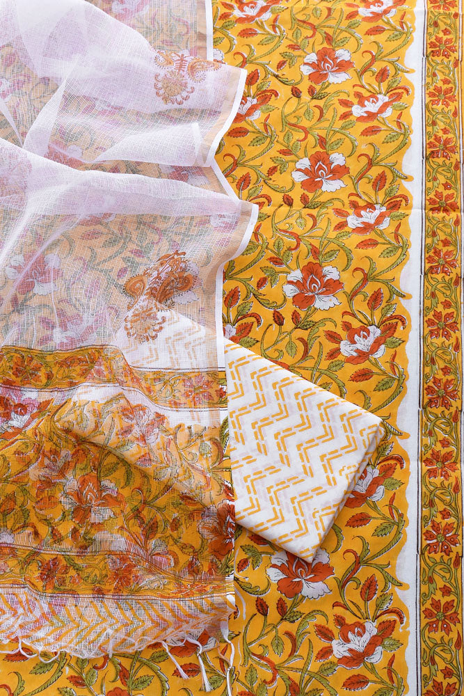 Beautiful Hand Block Printed Cotton unstitched suit fabric with Kota Doria Dupatta