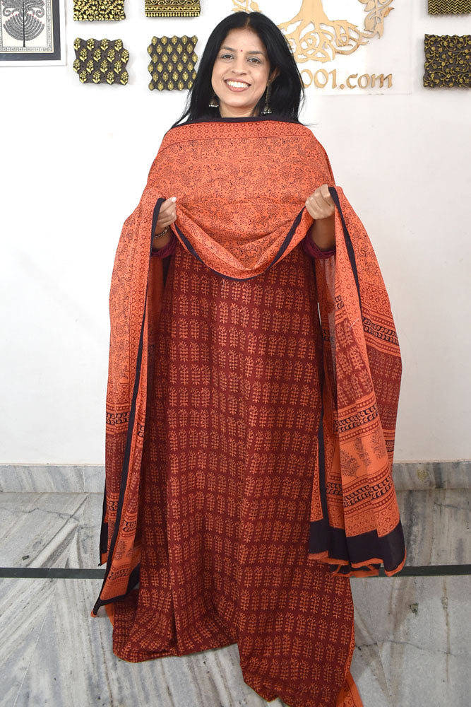 Bagh Hand Block Printed unstitched 3 pc Cotton suit fabric with block print from MP