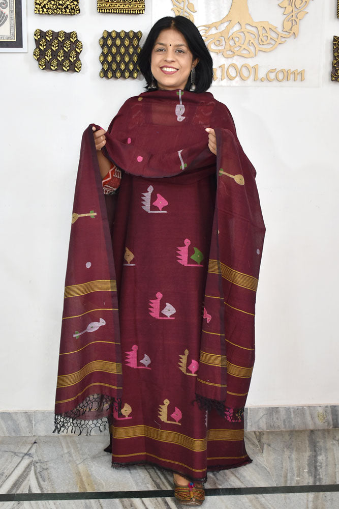 Kalakriti : Beautiful Hand Woven Soft Cotton Jamdani Kurta Fabric & Dupatta set