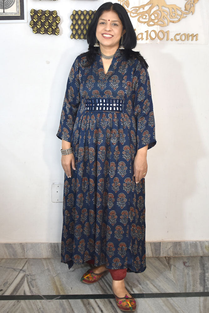 Beautiful Modal Silk Kurta with Ajrakh block print & Kutch mirror work - Size 38 - 48