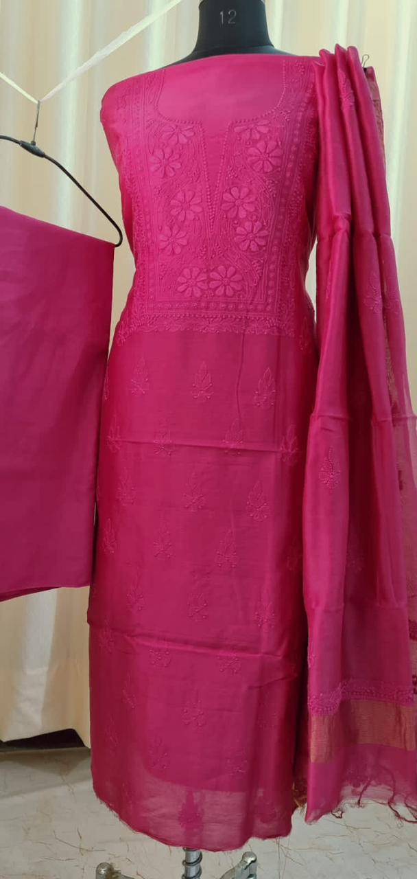 Elegant Chanderi silk Cotton Kurta & Dupatta with Chikankari Embroidery work & cotton bottom - 3 pc set