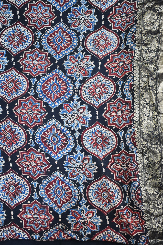 Beautiful Ajrakh Dola Silk Hand Block Print Fabric 4.8 mtrs