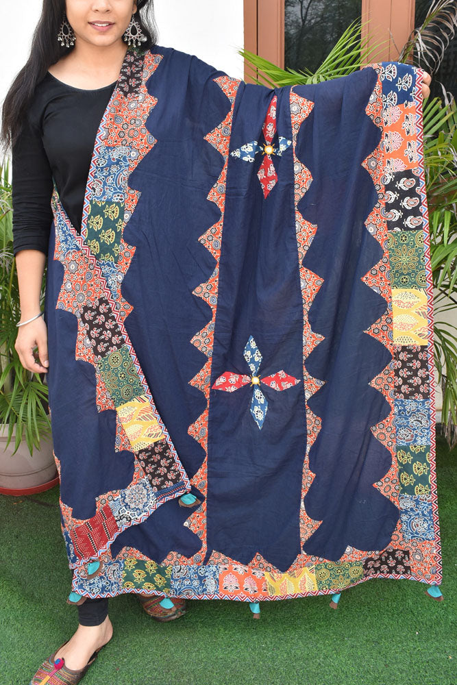 Barmer Ajrakh Patch Work Cotton Dupatta with Tassels