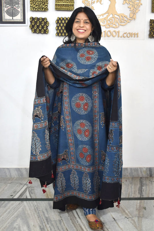 Block Print Ajrakh Cotton Suit with designer Ajrakh neck yoke /panel & Dupatta