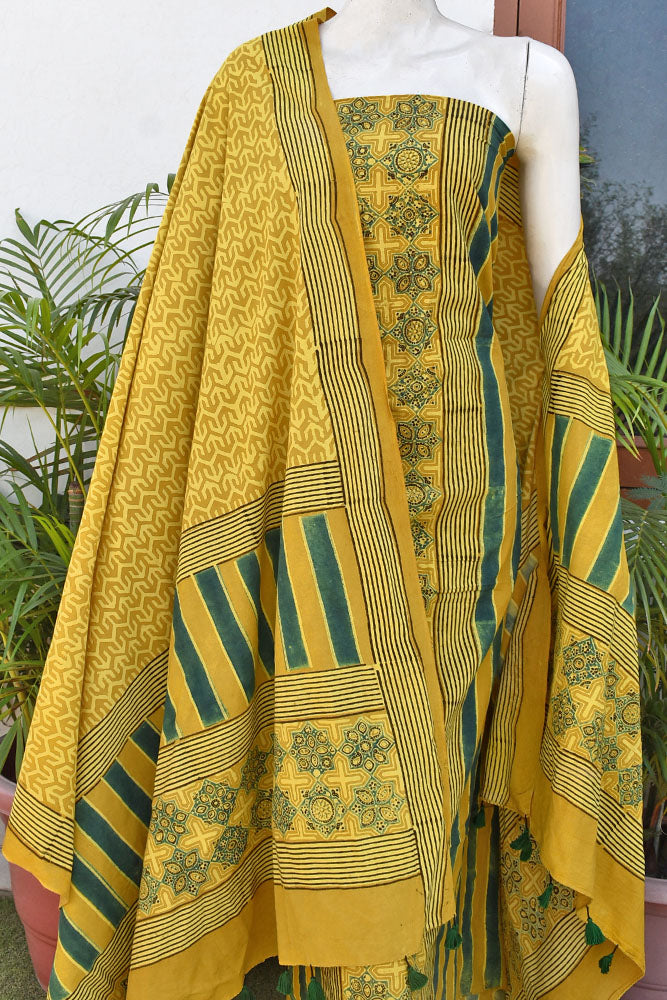 Hand Block Print Ajrakh Cotton Suit with designer Ajrakh neck yoke pattern