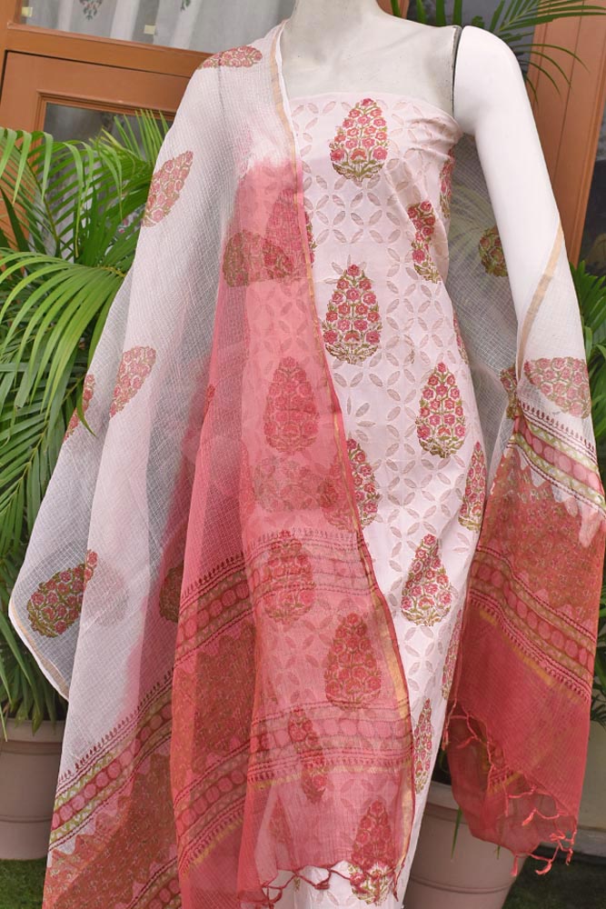 Hand Block Printed Cotton Suit with Hand applique work & Kota dupatta