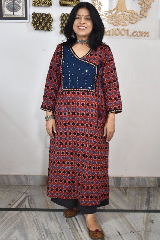 Designer Hand Block Printed Ajrakh cotton Kurta with Kutch Mirror work