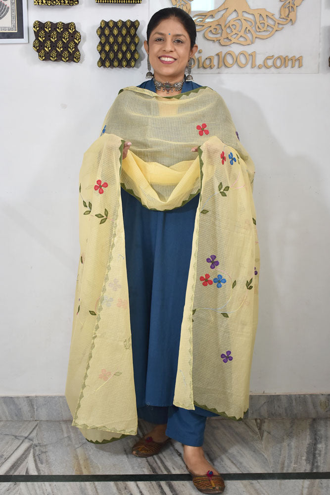 Handcrafted Phool Patti Applique & Hand Crochet work Kota cotton dupatta
