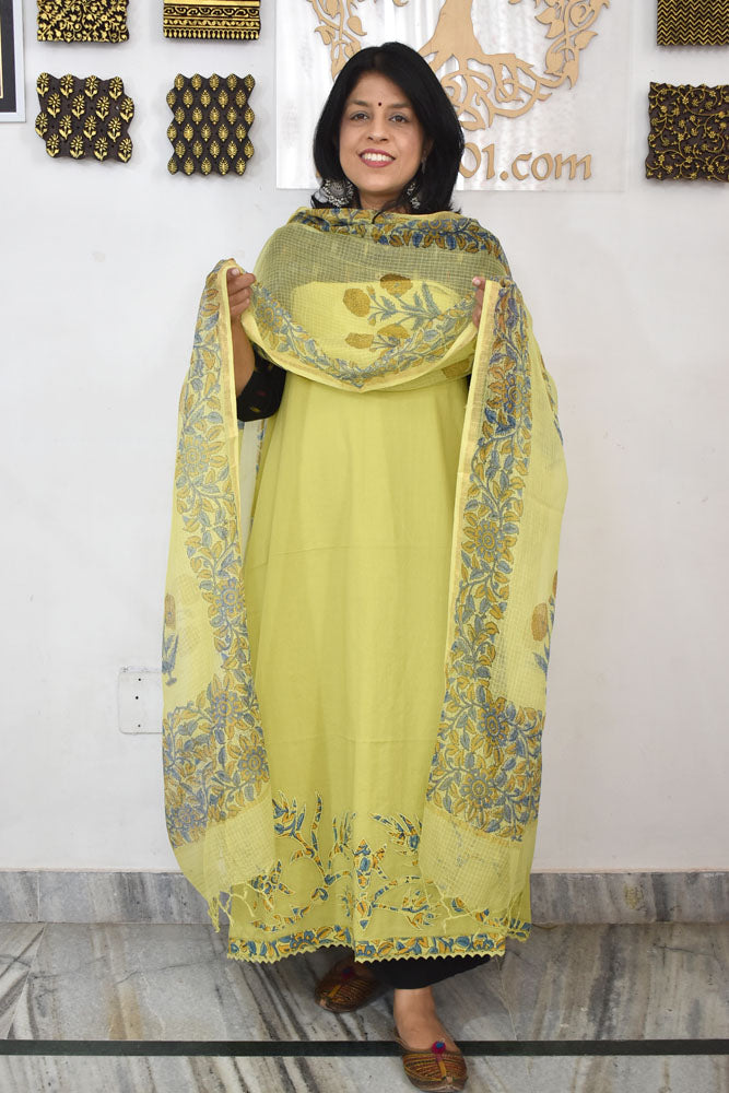 Handwoven Cotton Unstitched Suit with Neck patch, Intricate Hand Embroidery & Block print dupatta