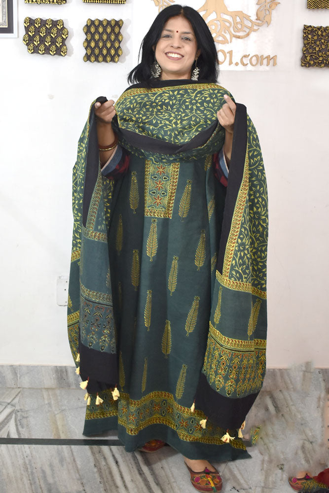 Designer Ajrakh Cotton Unstitched suit with panel design, Ajrakh Dupatta - 2 piece set