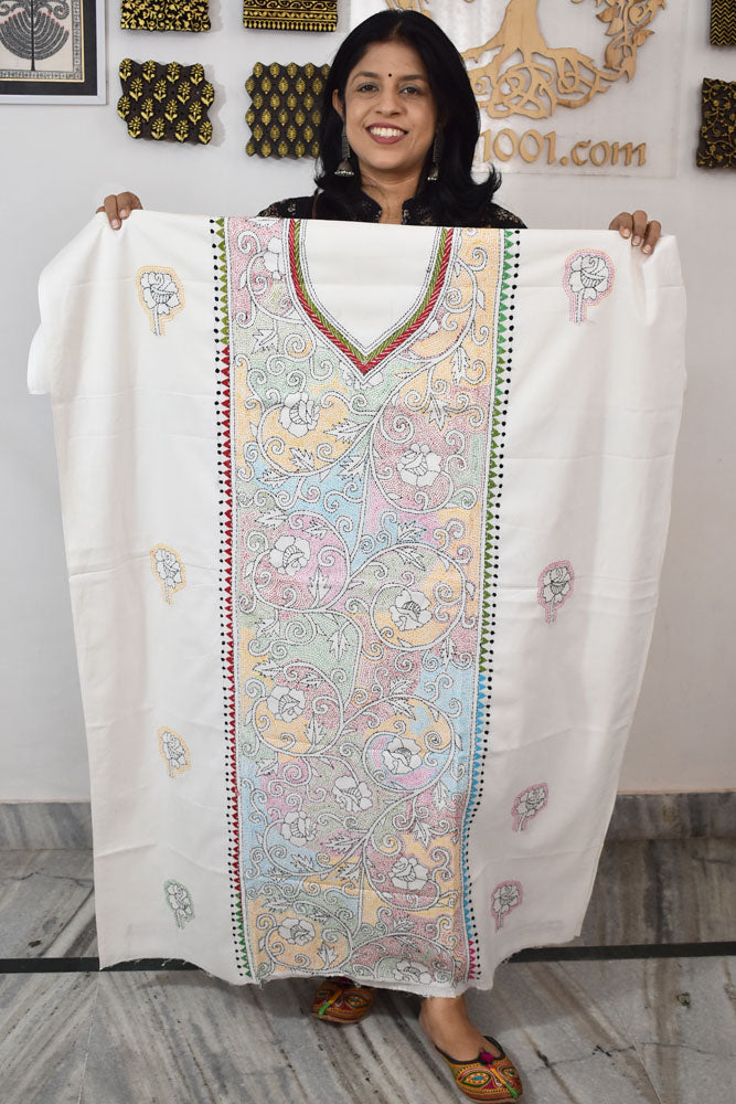 Hand Embroidered Kantha work cotton fabric - (Length 2.8 mtrs )