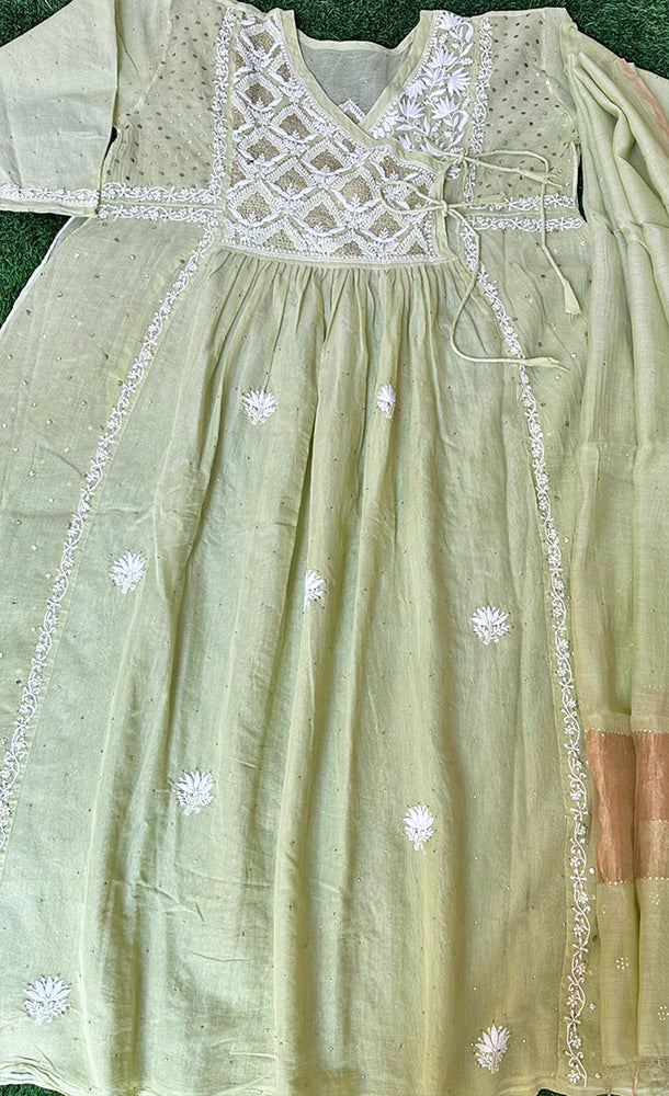 Elegant Mul chanderi silk Semi stitched Angarkha & dupatta set with Chikankari & Muqaish work