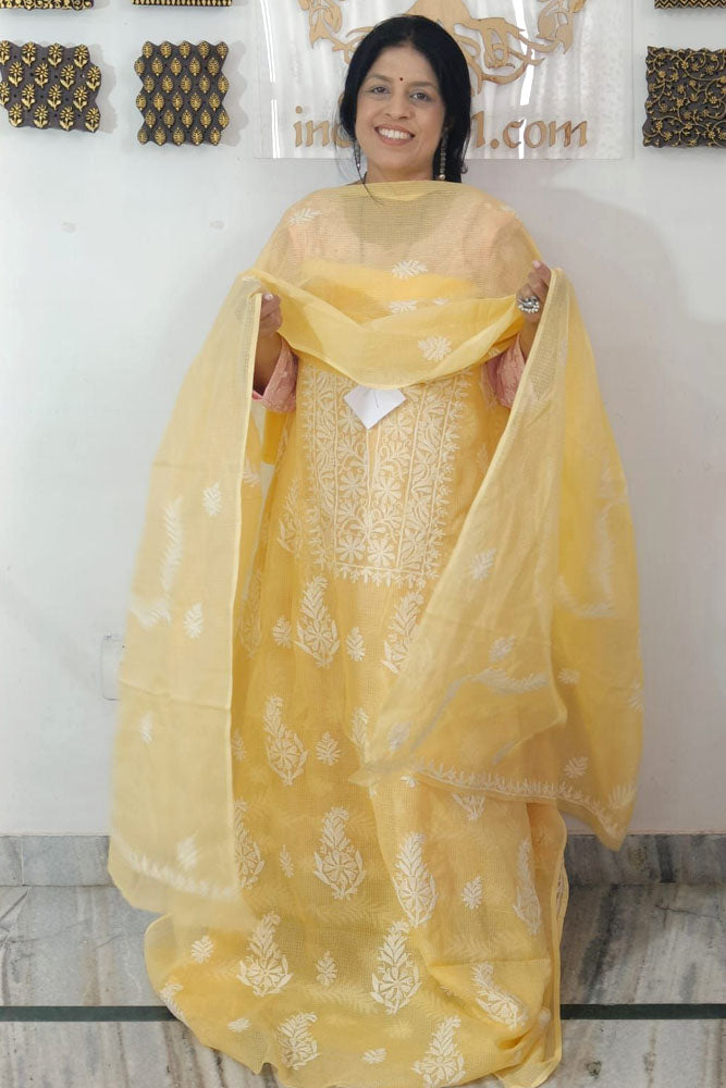 Elegant Kota Doria Kurta & Dupatta Set with Lucknowi Hand Tepchi Work embroidery NO - 7