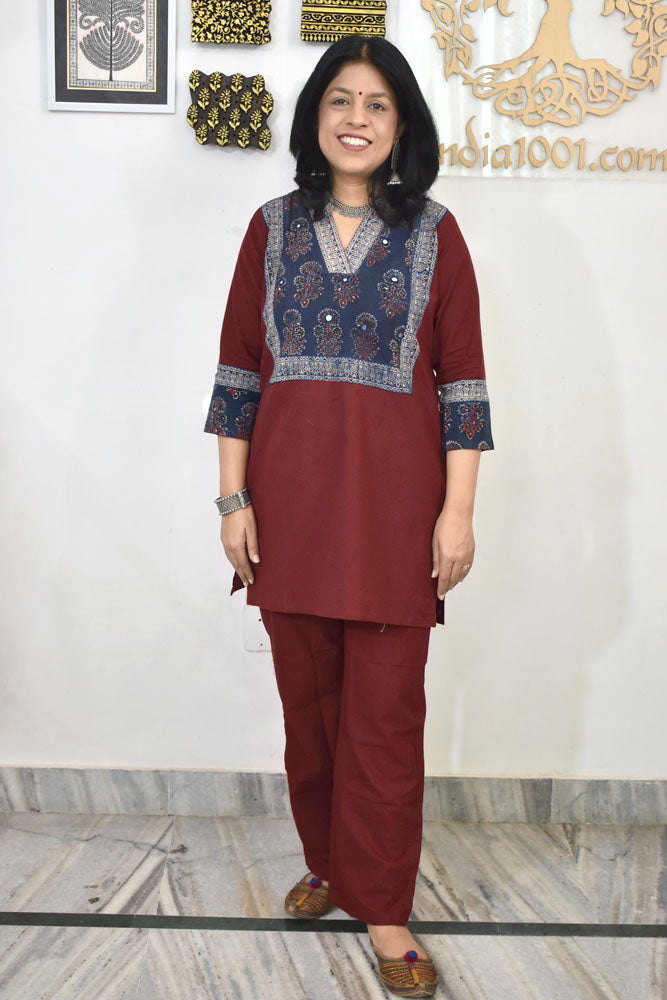 Elegant Pure Cotton Co-ord Set with Ajrakh Patch & Mirror work ( Top & Pant) Size 38 - 46