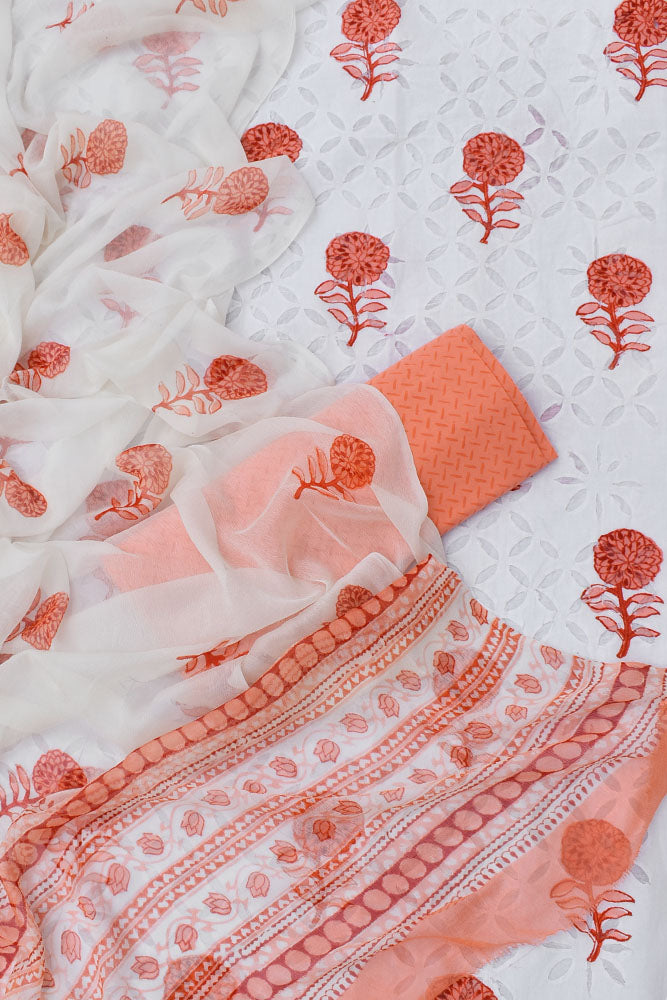 Hand Block Printed Cotton Suit with Hand applique work & chiffon dupatta