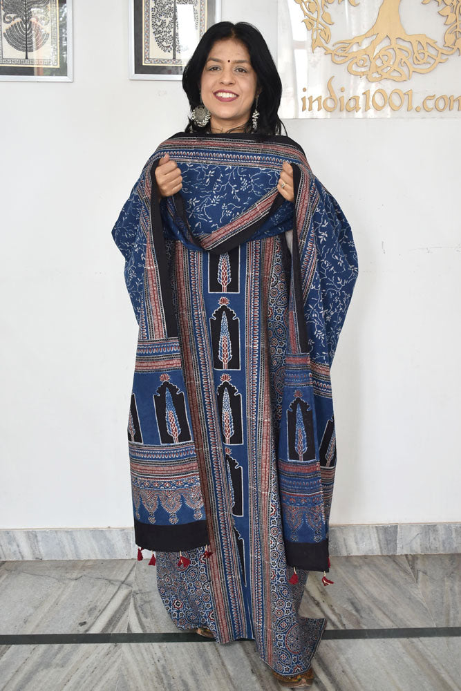 Block Print Ajrakh Cotton Suit with designer Ajrakh neck yoke /panel & Long Stole