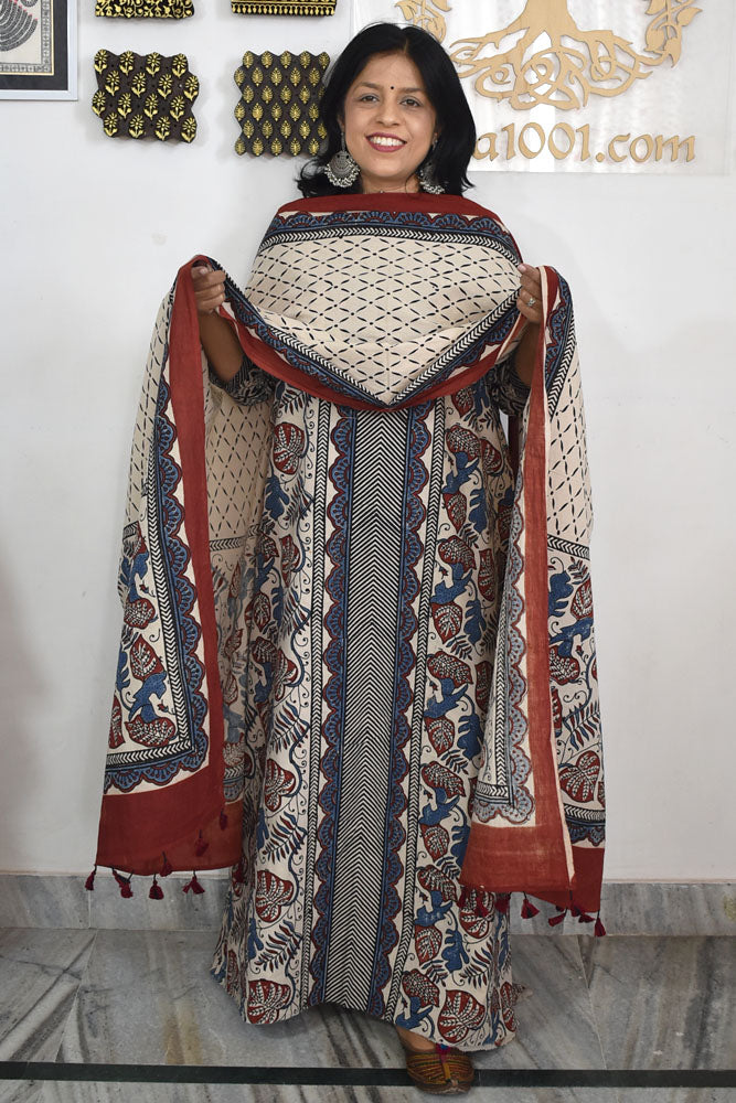 Block Print Ajrakh Cotton Suit with designer Ajrakh neck yoke /panel & Dupatta