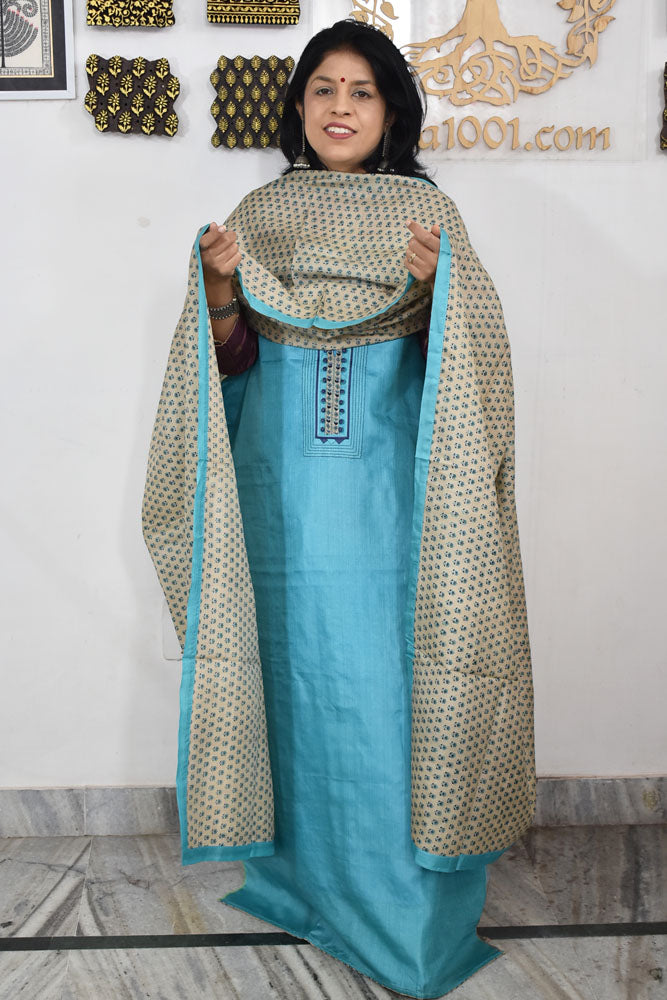 Semi Stitched Block Printed Tussar Silk Dupatta  & Tussar Kurta Fabric