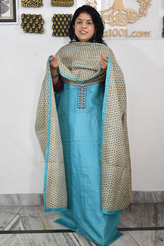 Semi Stitched Block Printed Tussar Silk Dupatta  & Tussar Kurta Fabric