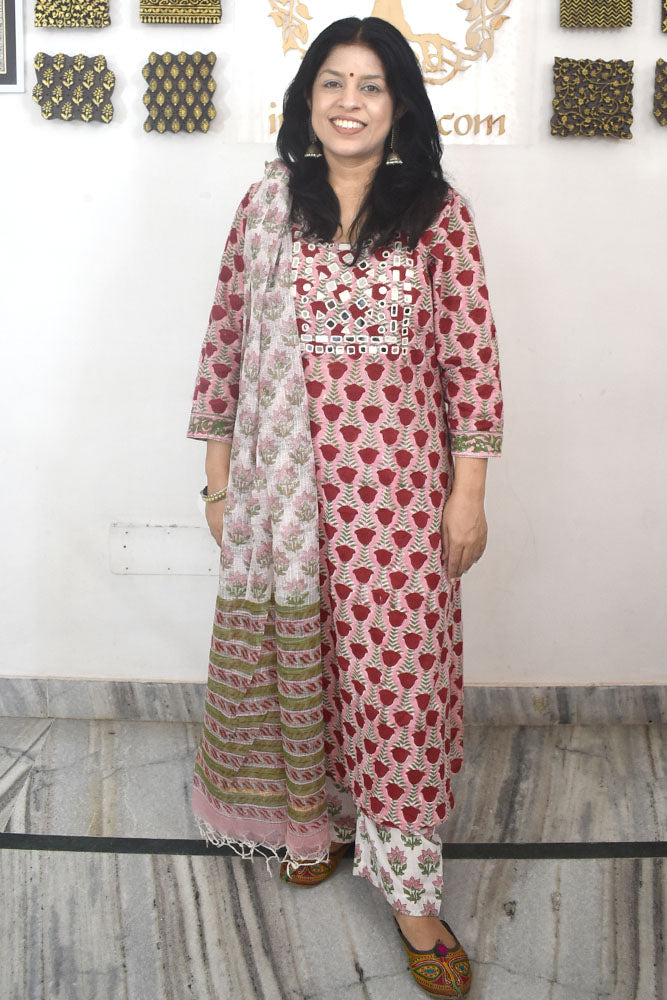 Hand Block Printed Cotton suit with Mirror Work & kota dupatta - Kurta , Dupatta & Pant - size 40