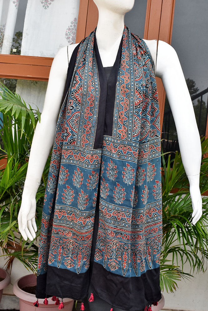 Beautiful Hand Block Printed Ajrakh Modal Silk stole with Tassels
