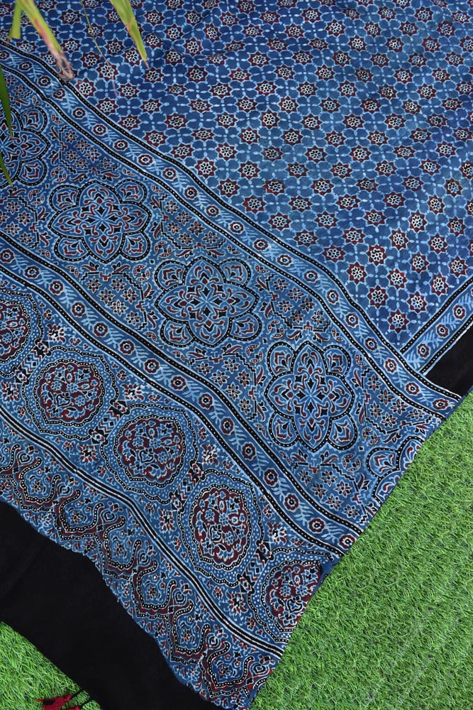 Elegant Modal Silk Ajrakh Block Print Dupatta with tassels