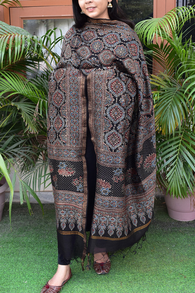 Elegant Ajrakh Hand Block Print Chanderi Dupatta