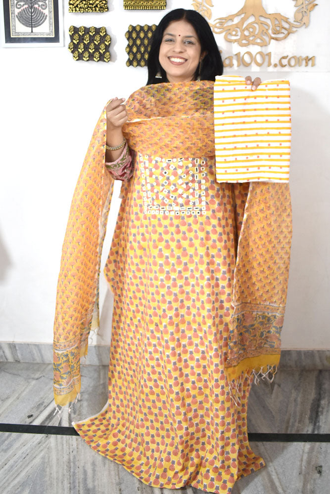 Beautiful Hand Block Printed Cotton unstitched suit with Kutch mirror work & kota dupatta