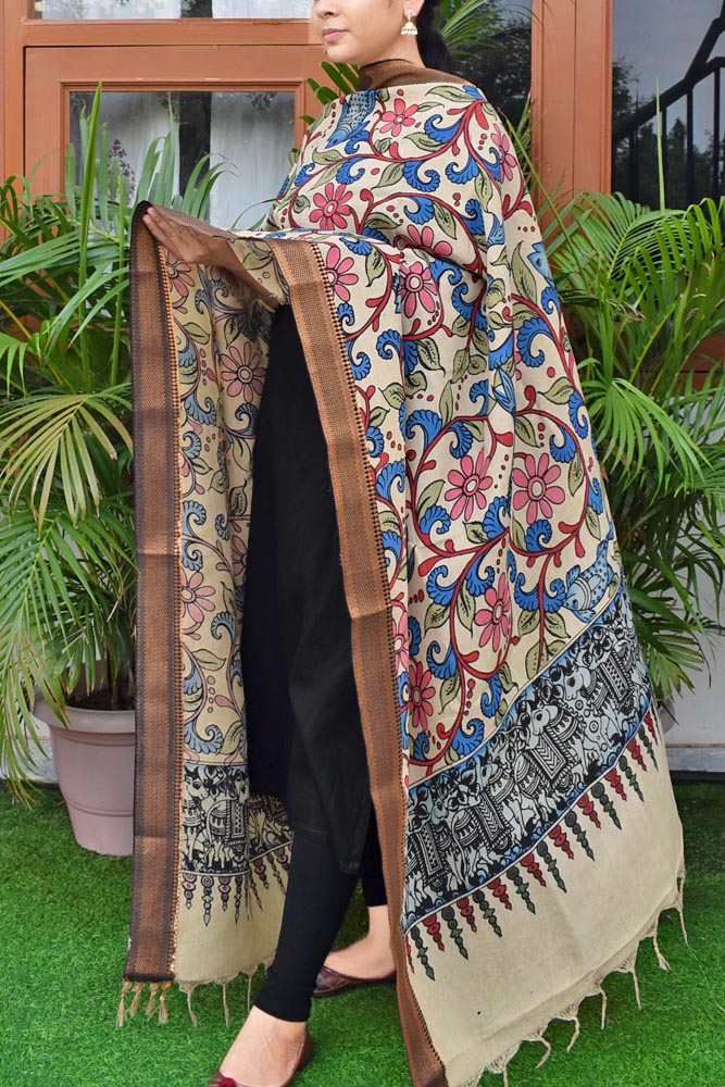 Beautiful Bangalore Cotton Silk Pen Kalamkari Dupatta