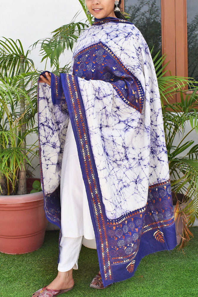 Handcrafted & Handembroidered Cotton Dupatta with Bengal Kantha & Batik work