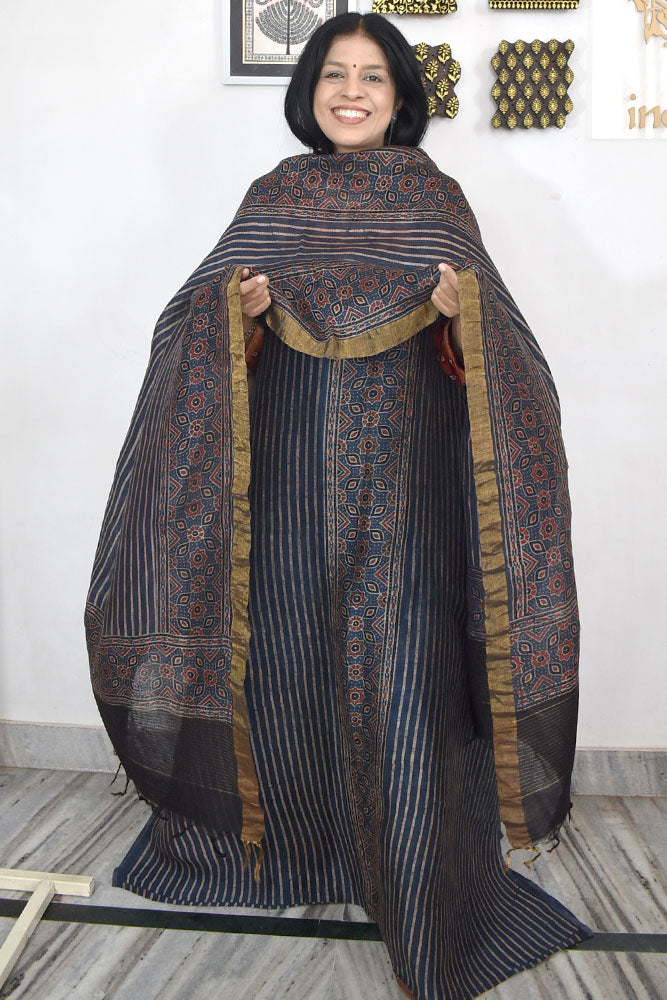 Beautiful Pure Linen Ajrakh Hand Block Print Suit
