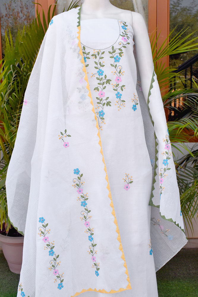 Elegant Kota Unstitched Kurta & Dupatta set with Hand done Phool patti work and Applique border