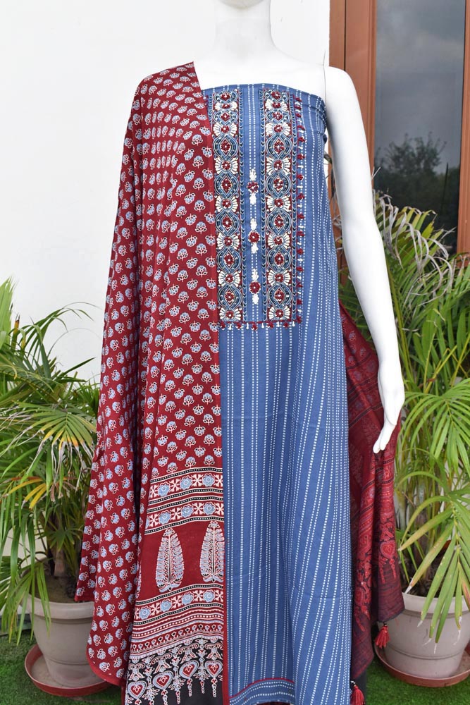 Beautiful Cotton Unstitched Suit with Ajrakh print Neck patch, Intricate Hand Embroidery & Ajrakh Block print Modal dupatta